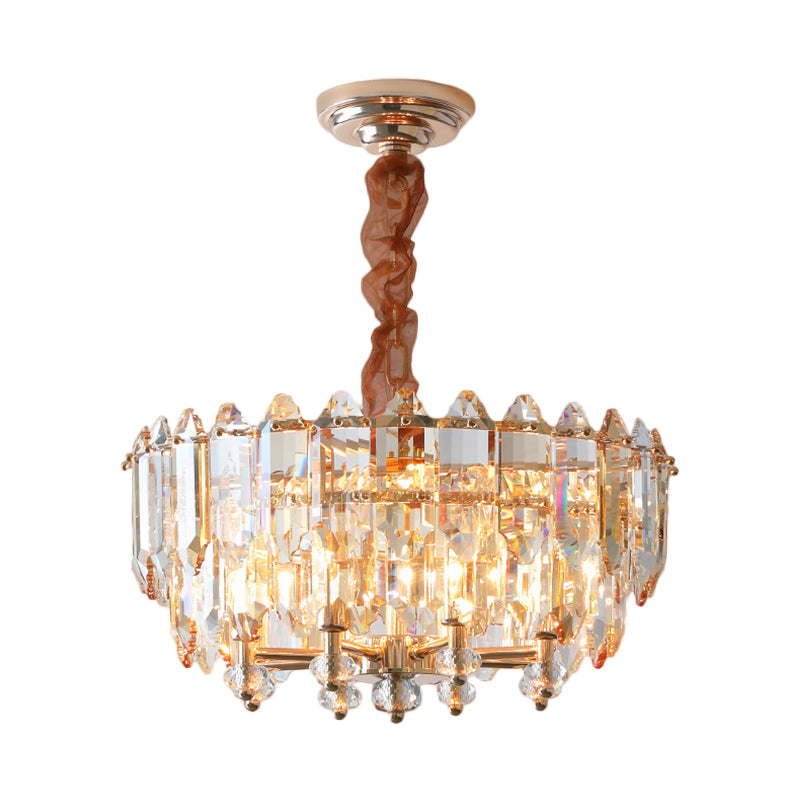Modern Gold Metal Chandelier with Clear Beveled Crystal Blocks - 8 Bulbs, Suspension Pendant