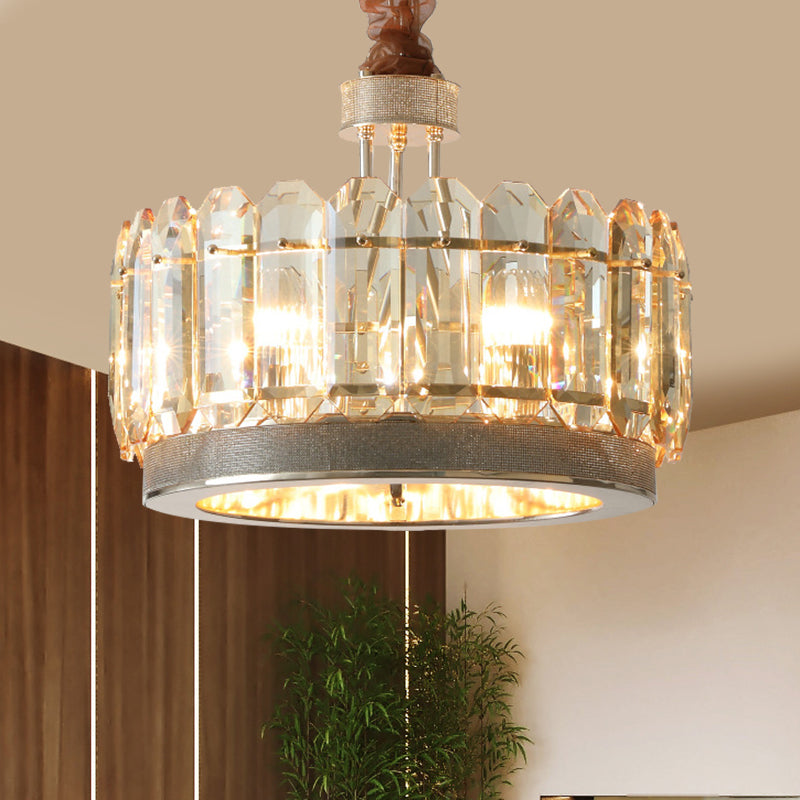 Contemporary Crystal Block Chandelier - 6 Head Gray Finish Drum Dining Room Hanging Lamp