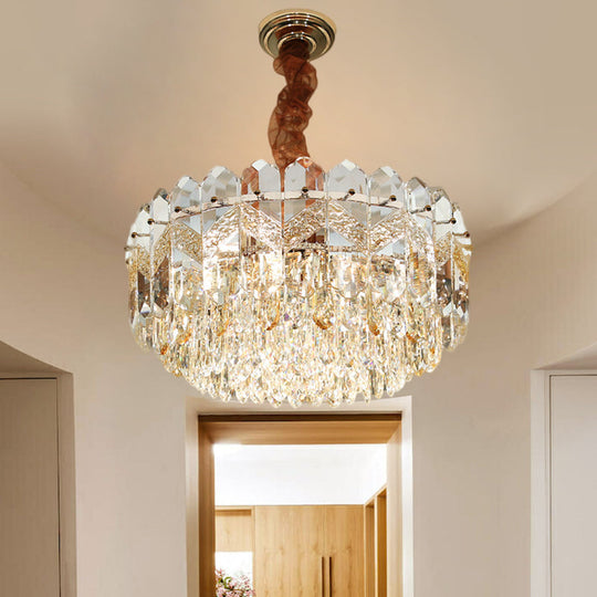 Clear Crystal Draping Ceiling Chandelier - Modern Champagne/Smoke Gray Finish 9-Bulb Drum Pendant
