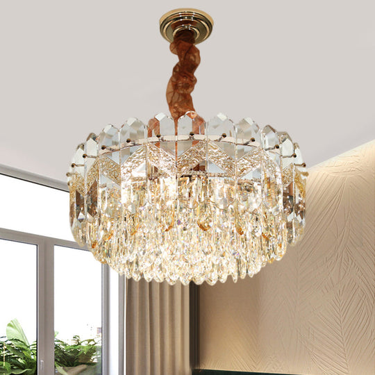 Modern Drum Ceiling Chandelier with Clear Crystal Draping - 9 Bulbs, Champagne/Smoke Gray Finish