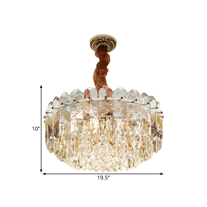 Modern Drum Ceiling Chandelier with Clear Crystal Draping - 9 Bulbs, Champagne/Smoke Gray Finish