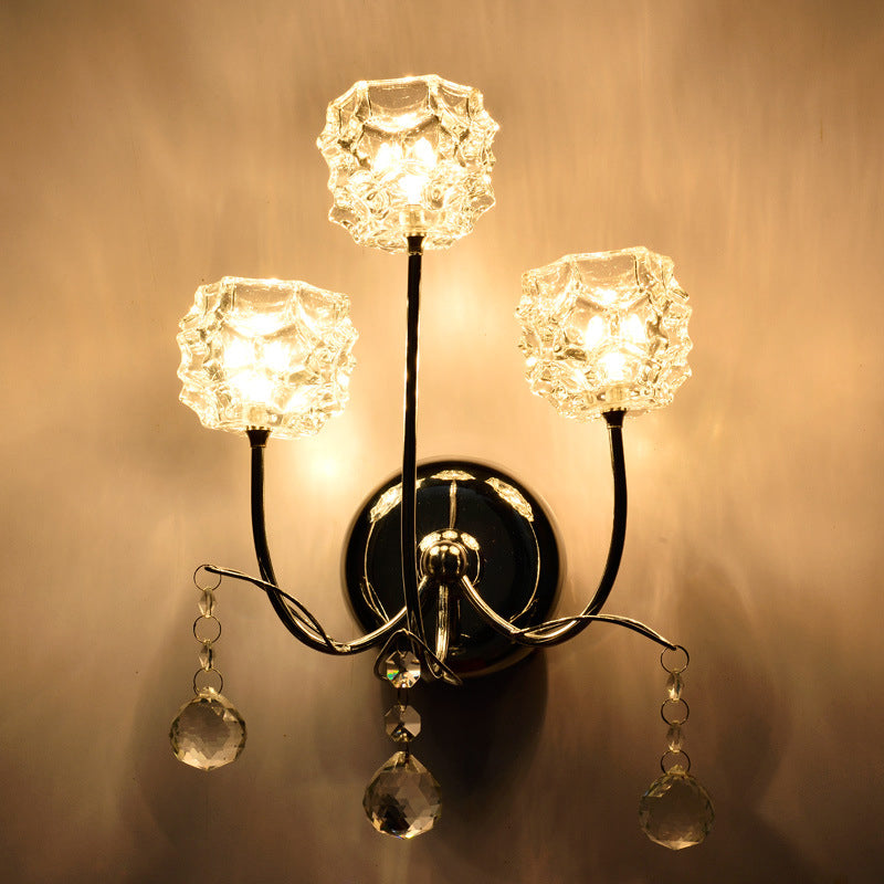 Contemporary Chrome Wall Sconce With Floral Crystal Shade - 3 Heads Curvy Metal Arm