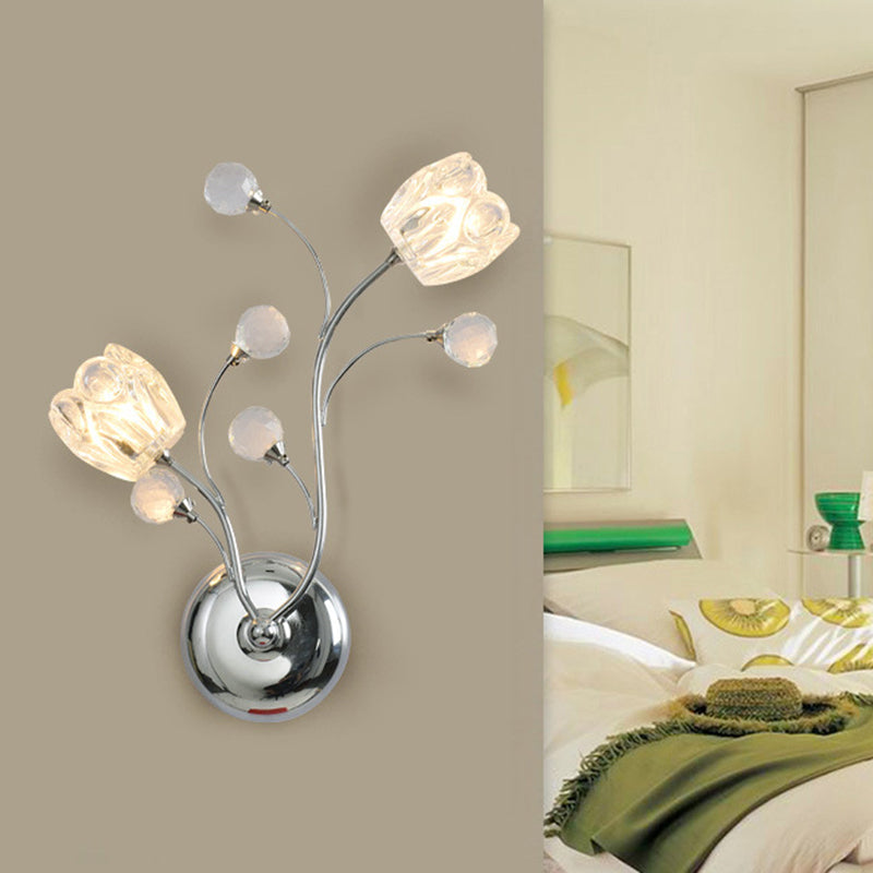 Modern Clear Crystal Chrome Wall Lamp With Swirling Arm And Flower Shade- 2 Bulbs Surface Sconce