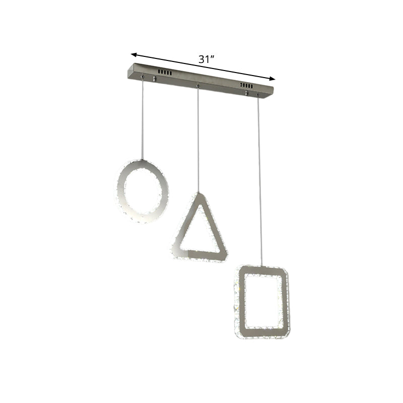 Contemporary LED Pendant Lighting with Clear Crystals and Stainless-Steel, Geometric Design, Linear/Round Canopy