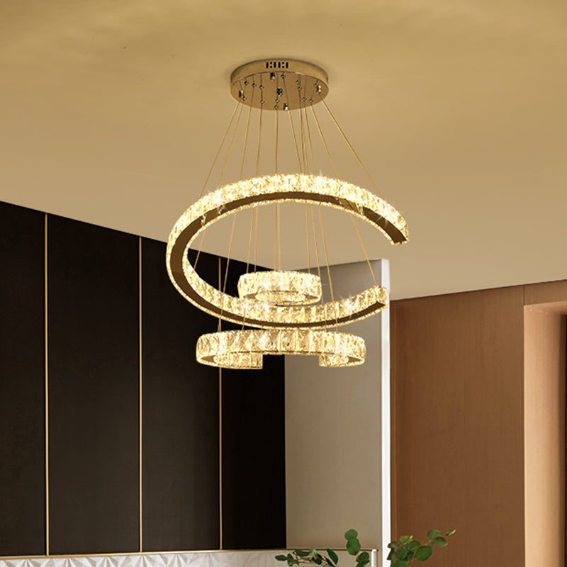Modern LED Stainless-Steel Chandelier Light with Clear Rectangular-Cut Crystals - 3 Tier C-Shape Design, 21"/23.5" Wide