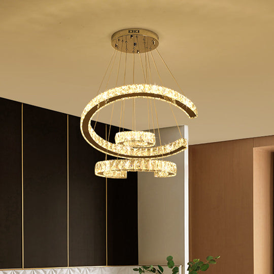 Modern Led C-Shaped Chandelier With Stainless-Steel Frame And Clear Crystals 21/23.5 Wide / 21