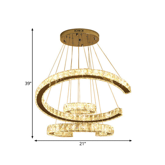 Modern Led C-Shaped Chandelier With Stainless-Steel Frame And Clear Crystals 21/23.5 Wide
