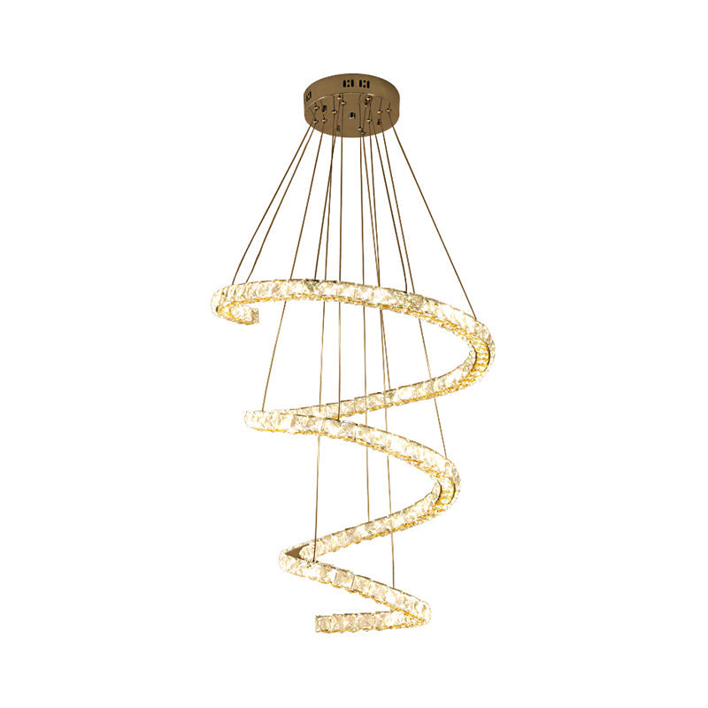 Contemporary Led Chandelier With Clear Crystal Blocks In Stainless Steel 4-Tier Spiral Design