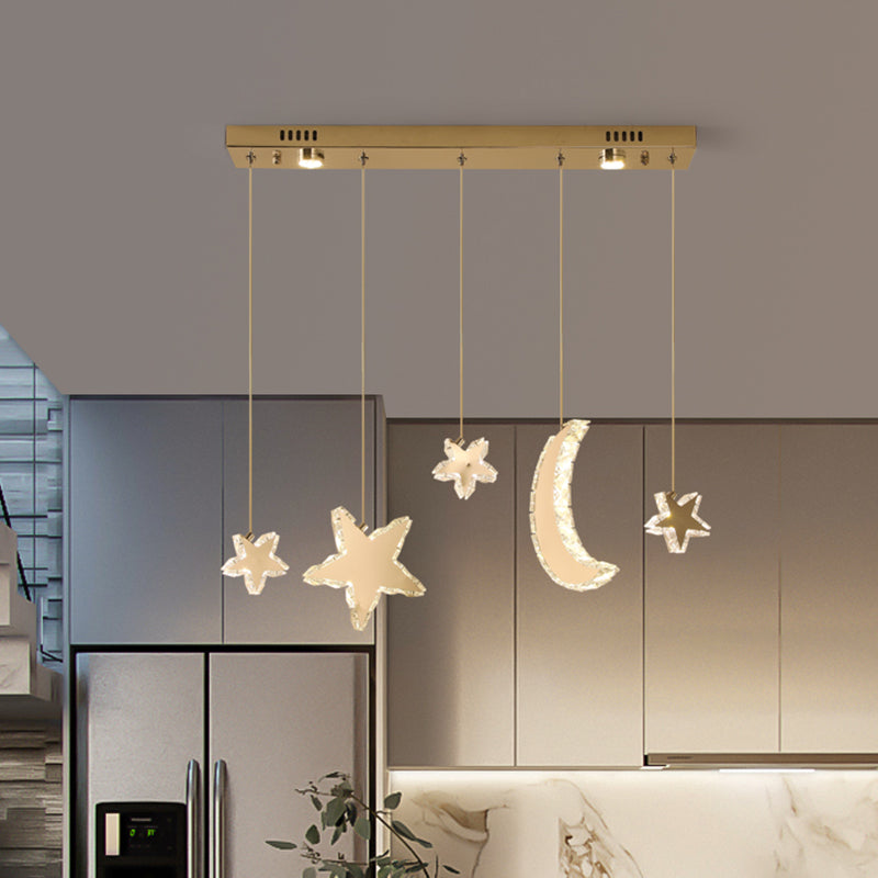 Contemporary LED Pendant Lamp - Moon and Star Bedroom Hanging Light with Clear Crystal Blocks, Stainless-Steel Design
