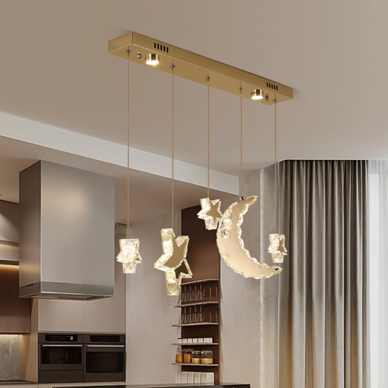 Contemporary LED Pendant Lamp - Moon and Star Bedroom Hanging Light with Clear Crystal Blocks, Stainless-Steel Design
