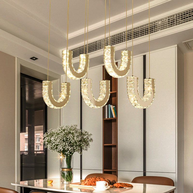 Modern LED U-Shape Pendant Lamp with Clear Crystals and Stainless Steel Finish