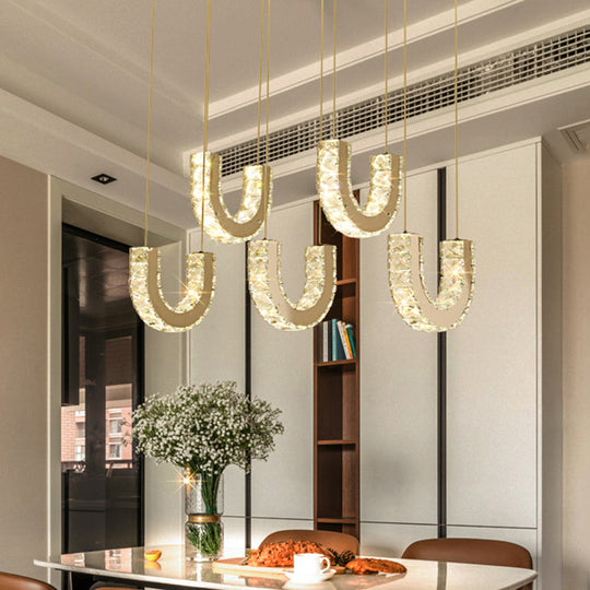 Led U-Shape Pendant Lamp With Modern Stainless-Steel Finish And Clear Rectangular-Cut Crystals