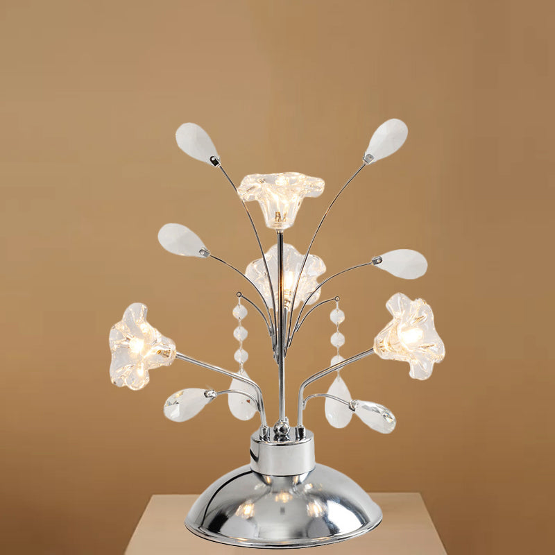 Contemporary Crystal Teardrops Chrome Table Lamp - Branching Bedroom Light With Lily Shade