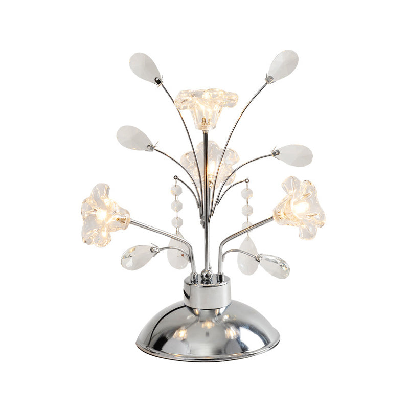 Contemporary Crystal Teardrops Chrome Table Lamp - Branching Bedroom Light With Lily Shade