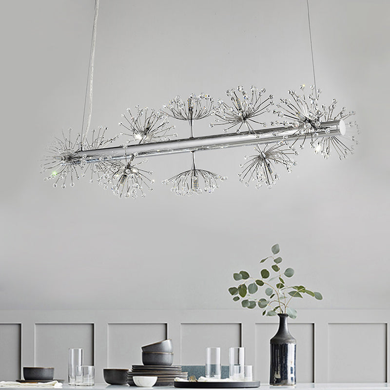 10-Head Clear Crystals Island Lamp: Contemporary Chrome Dandelion Pendant Lighting For Dining Room