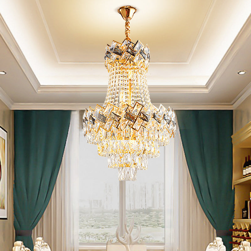 Contemporary Gold Chandelier: Layered Hanging Pendant Light With Rectangle-Cut Crystal - 3/5-Bulb