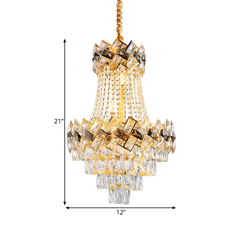 Contemporary Rectangle-Cut Crystal Hanging Pendant Light - 3/5-Bulb Gold Chandelier - 12"/16" Wide
