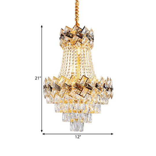 Contemporary Gold Chandelier: Layered Hanging Pendant Light With Rectangle-Cut Crystal - 3/5-Bulb