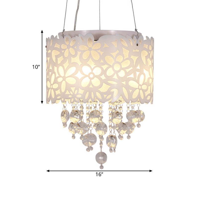 Contemporary Metal Chandelier With White Drum Shades And Crystal Droplets - 4-Headed Lighting