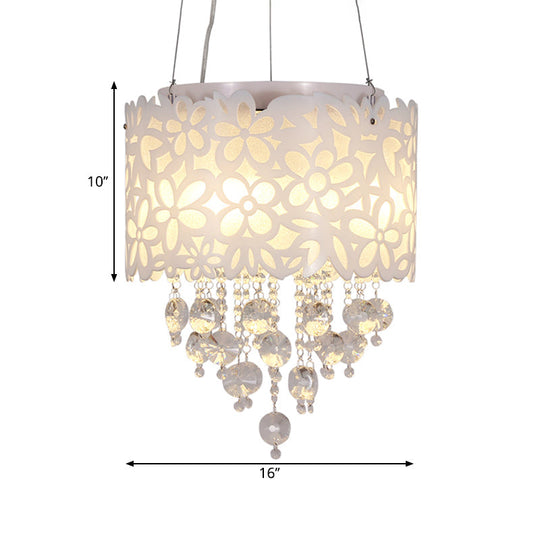Contemporary Metal Chandelier With White Drum Shades And Crystal Droplets - 4-Headed Lighting
