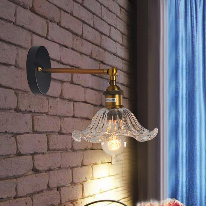 Brass Cone Wall Sconce With Clear Ribbed Glass - Industrial Living Room Lighting Fixture For Dining