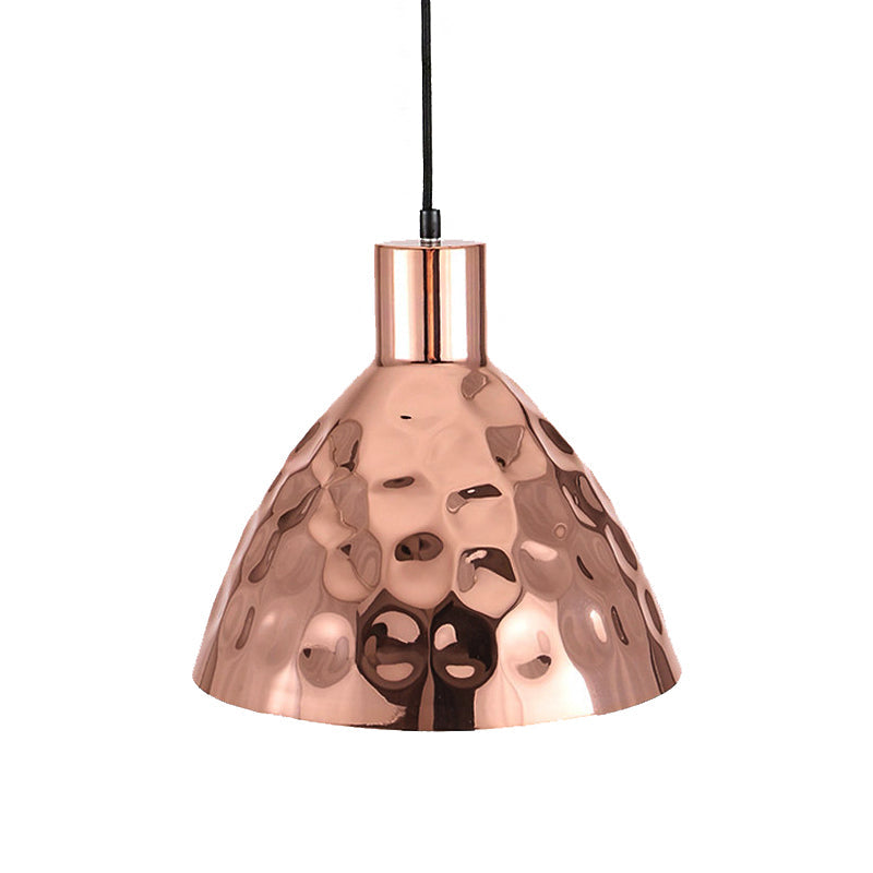 Rose Gold Industrial Pendant Light with Dimpled Conic Metal Design and Hanging Cord
