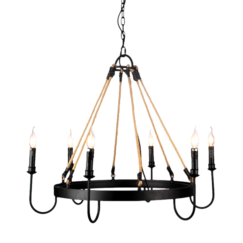 Rustic 6-Head Metal & Rope Ceiling Chandelier For Restaurants - Vintage Candle Lamp With Open Bulbs