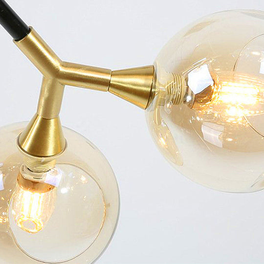 Modern Metal Multi-Light Branch Chandelier Pendant Lamp With Amber Blown Glass Ball Shade