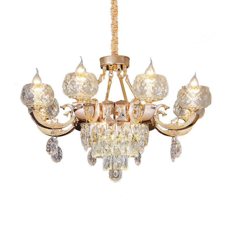 6/8 Bulbs Clear Crystal Gold Chandelier Pendant Lamp With Candle Design