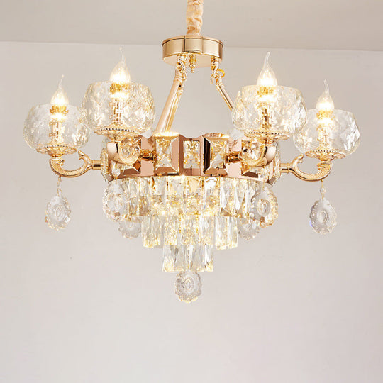 Contemporary Crystal Chandelier Lamp - 6/8 Bulbs Gold Drop Pendant with Clear Bowl Shade and Candle Design