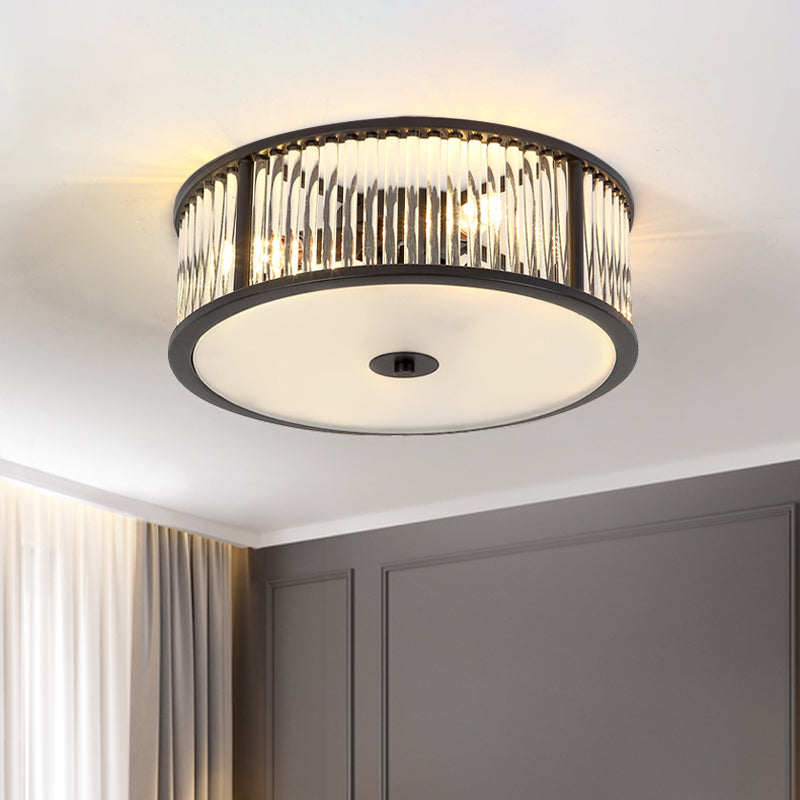 Modern Crystal Drum Flush Mount Lighting - Black/Gold With 3-4 Bulbs And Clear Shade 12/16 Wide