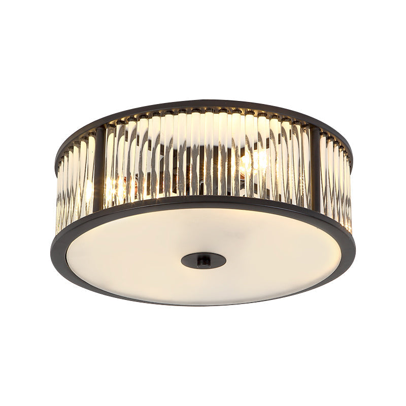 Modern Crystal Drum Flush Mount Lighting - Black/Gold With 3-4 Bulbs And Clear Shade 12/16 Wide