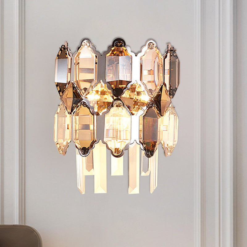 Modern Crystal 2-Bulb Wall Sconce In Silver For Staircase Clear
