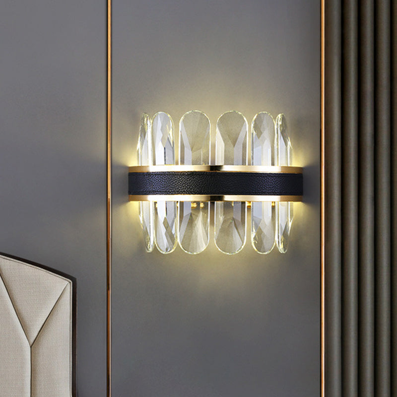 Contemporary Led Wall Sconce In Black - Clear Rectangle-Cut Crystal Half Cylinder Design For Bedside