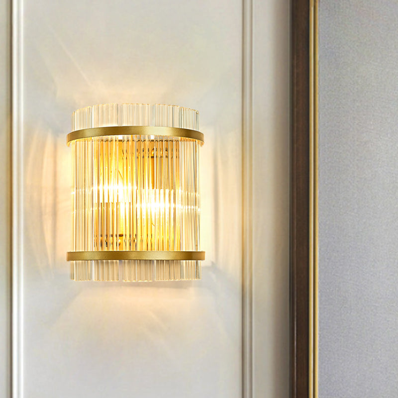 Gold Wall Mounted Light Fixture With Clear Crystal Rods - Modern Cylindrical/Rectangle Design Ideal