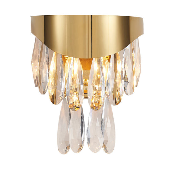 Gold Teardrop Crystal Drip Wall Sconce - Contemporary Indoor Lighting 2 Bulb Surface Mount
