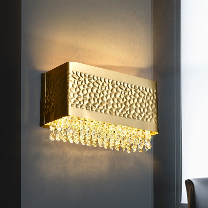 Contemporary Gold Rectangle Sconce Light With Octagon Crystal 2-Bulb Wall Mounted Lighting Option