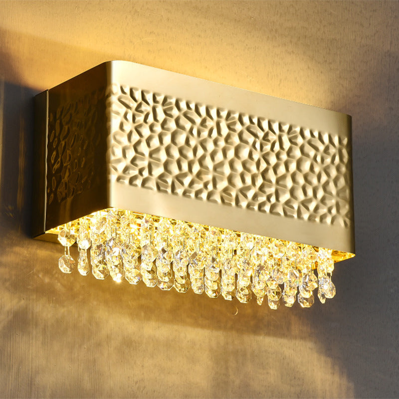 Contemporary Gold Rectangle Sconce Light With Octagon Crystal 2-Bulb Wall Mounted Lighting Option