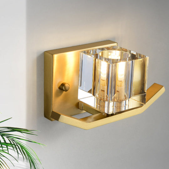 Modern Gold Wall Mount Light With Cubic Clear Crystal Shade - 1-Bulb Parlor Lighting Fixture