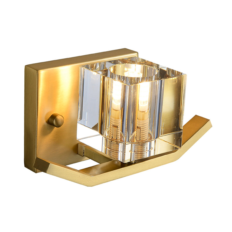 Modern Gold Wall Mount Light With Cubic Clear Crystal Shade - 1-Bulb Parlor Lighting Fixture