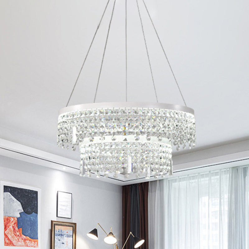 Contemporary Crystal LED Chandelier Lamp with Dual-Tiered Ring Design – Silver Suspension Lighting in Warm/White Light