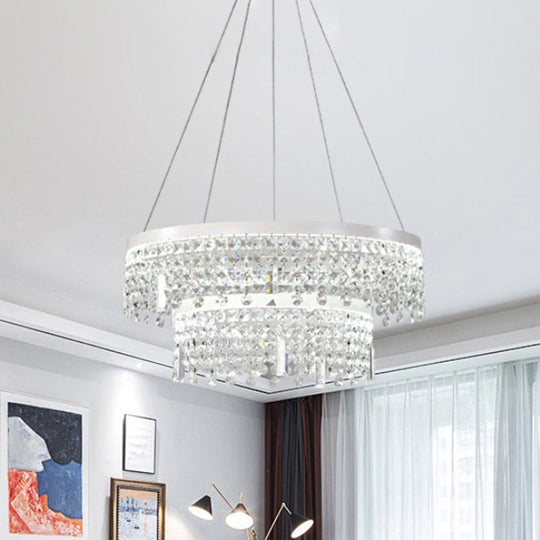 Contemporary Crystal Led Chandelier Lamp - Ring/Dual-Tiered Silver Warm/White Light Clear / White B