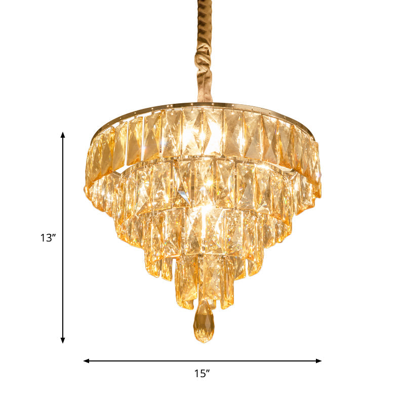 Contemporary Tapered Suspension Lamp - Clear Rectangle-Cut Crystal 4 Head Nickel Chandelier