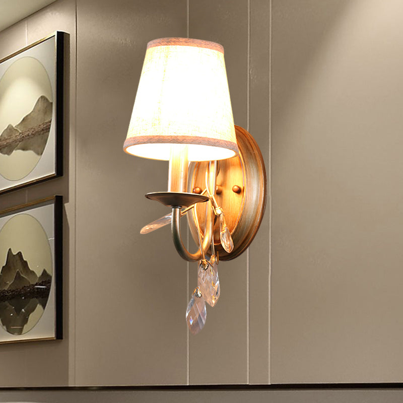Contemporary Gold Cone Wall Sconce With Crystal Drop And Fabric Shade 1 /