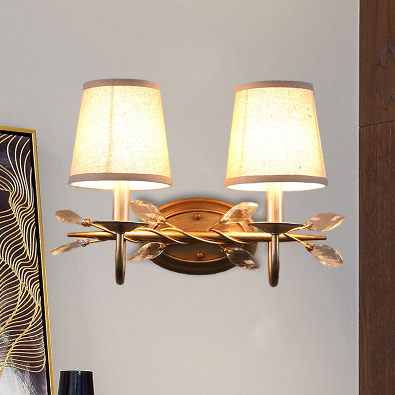 Contemporary Gold Cone Wall Sconce With Crystal Drop And Fabric Shade