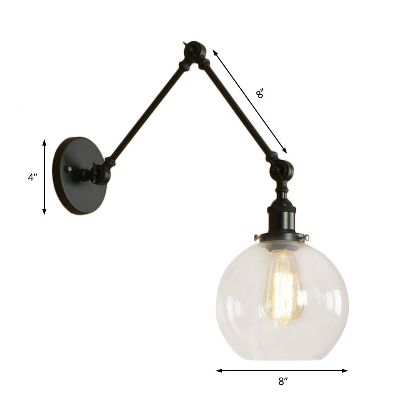 Industrial Bedroom Wall Sconce Lighting Fixture With Clear Glass Globe Shade - Black/Antique