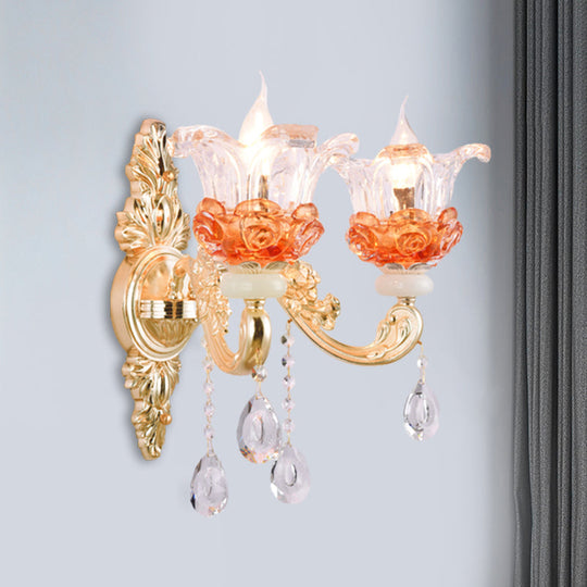Modern Gold Wall Mount Lamp With Clear Crystal 1/2-Light Blossom Design For Staircase