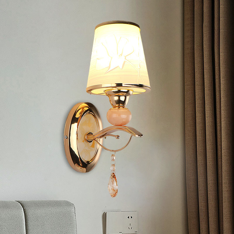 Contemporary Wall Lamp With Crystal Droplet - Amber Glass And Gold Finish 1 /