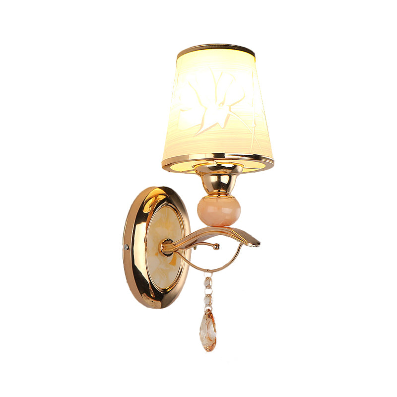 Contemporary Wall Lamp With Crystal Droplet - Amber Glass And Gold Finish