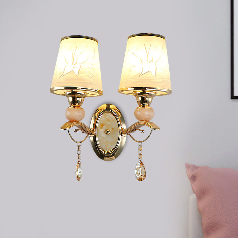 Contemporary Wall Lamp With Crystal Droplet - Amber Glass And Gold Finish
